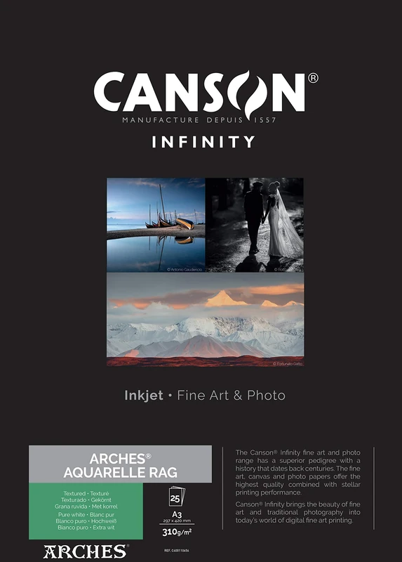Canson Infinity Arches Aquarelle Rag Watercolour Textured Inkjet Photo Paper, 310gsm, 29.7 x 42 cm, 25 Sheets, Acid-Free, Ideal for Professional Photographers