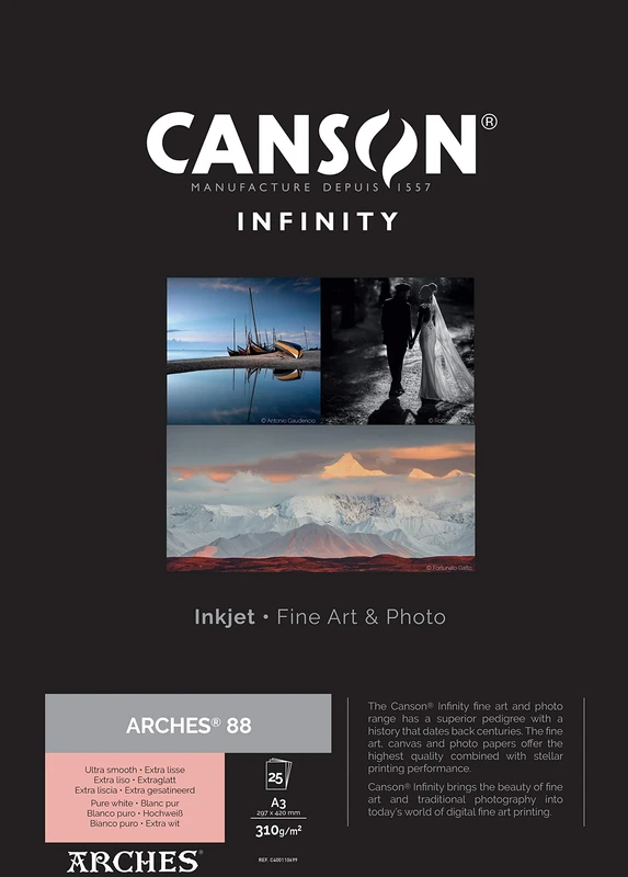 Canson Infinity Arches 88 Ultra Smooth Pure White Matt Inkjet Photo Paper, 310gsm, 29.7 x 42 cm, 25 Sheets, Acid-Free, Ideal for Professional Photographers