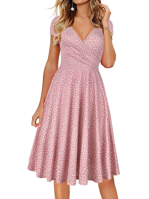 oxiuly Women's Casual Dresses Criss-Cross V-Neck Floral Flare Midi Summer Dress OX233 - Pink - Small
