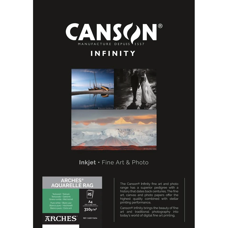 Canson Infinity Arches Aquarelle Rag Watercolour Textured Inkjet Photo Paper, 310gsm, 21 x 29.7 cm, 25 Sheets, Acid-Free, Ideal for Professional Photographers