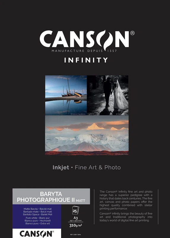 Canson Infinity Baryta Photo II Matt White Inkjet Photo Paper, 310gsm, A3, 25 Sheets, Acid-Free, Ideal for Professional Photographers
