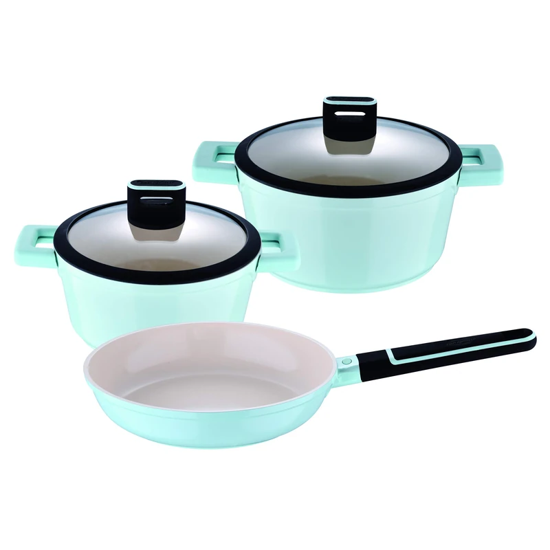 San Ignacio Q3965 Cosy 5-Piece Cast Aluminium Cookware with Lids 20 Non-Stick Pan, 24 cm, Ergonomic Handles, Pastel Blue - Image 1