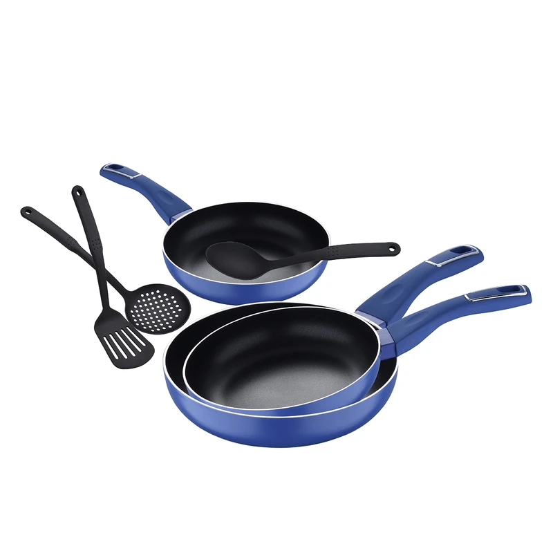 San Ignacio Q3981 FRYPANS Set of 3 (20 + 24 + 28 cm) W/3 PC Tool Pressed Aluminium IND Blue SG Non-Stick Frying Pans