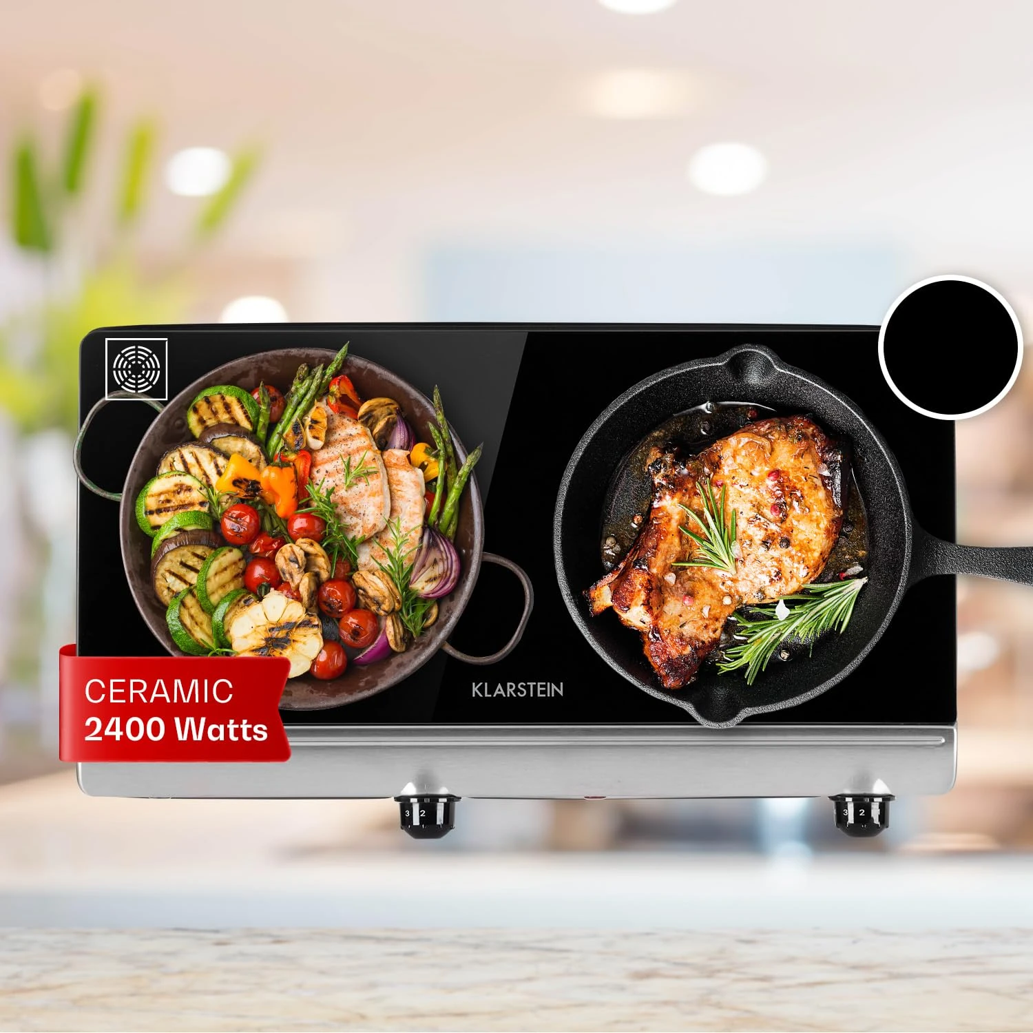 Klarstein Ceramic Hob, 2400W Built-In 2-Ring Electric Cooker with Stainless Steel Frame, Tabletop Ceramic Cooktop & Hot Plates for Cooking