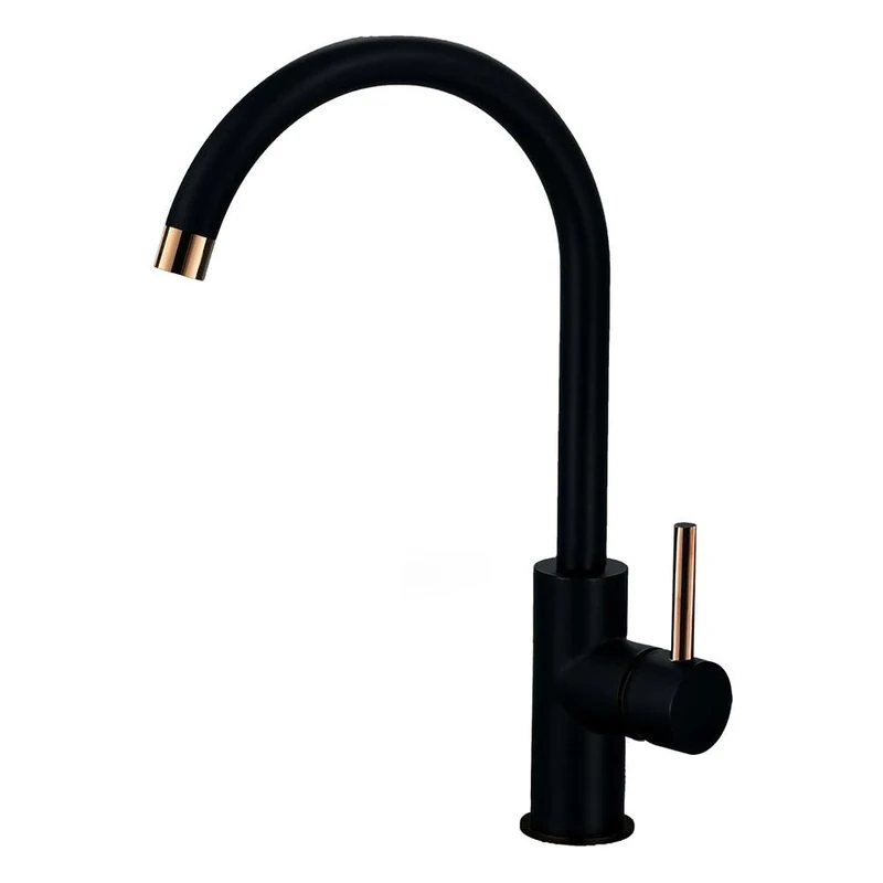 Black Zen Model High Spout Sink Mixer Tap Round Brass with Black and Rose Gold Finish Total Height 36.5 cm