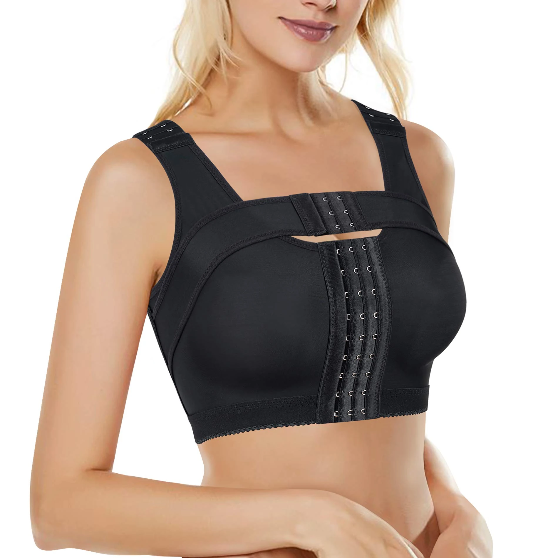 Bafully Women Post Surgery Front Closure Sports Bra with Breast Support Wirefree Racerback (Black, M)