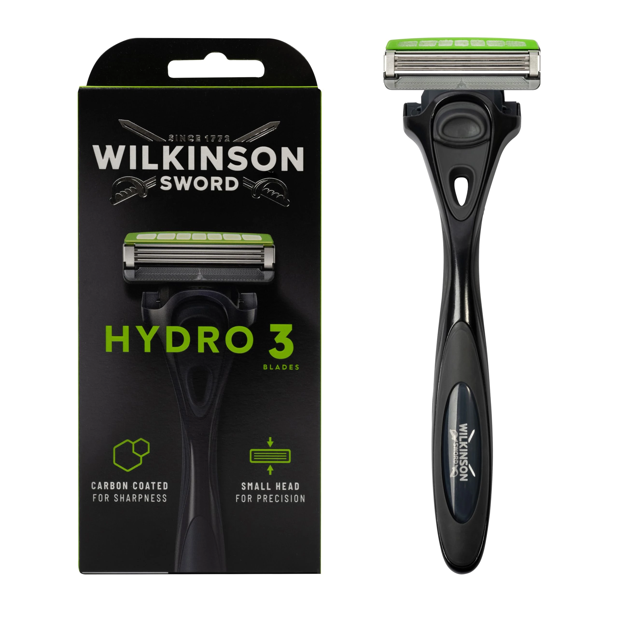 WILKINSON SWORD - Hydro 3 Razor For Men, Carbon Coated Blades, Hydrating Gel & Skin Guards, Handle + 1 Blade