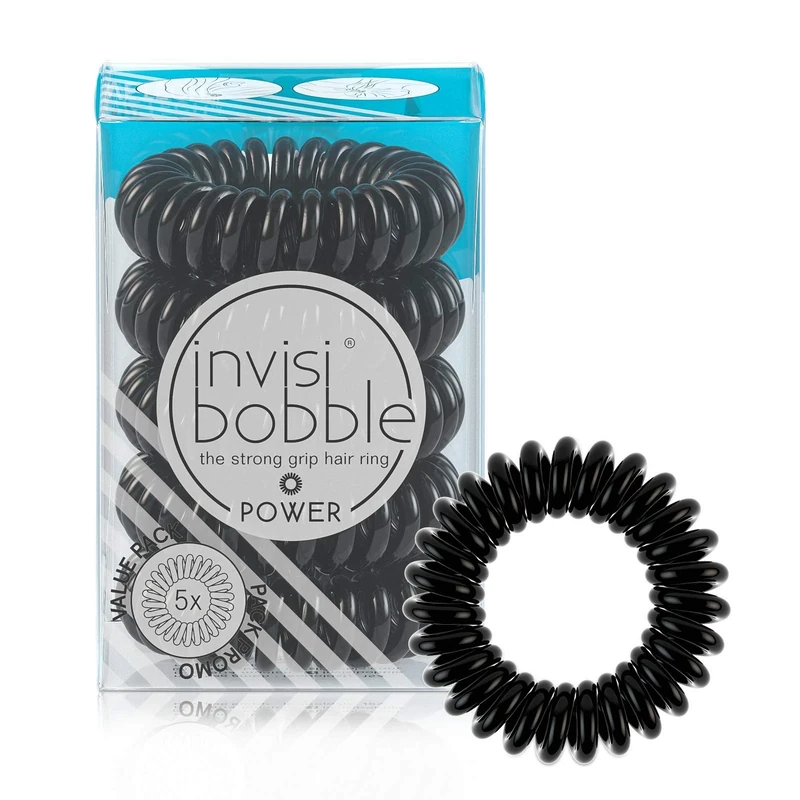 invisibobble Power Traceless Spiral Hair Ties - 5 Pack - True Black - Strong Elastic Grip Coil Hair Accessories for Active Women - No Kink, Non Soaking - Gentle for Girls Teens and Thick Hair
