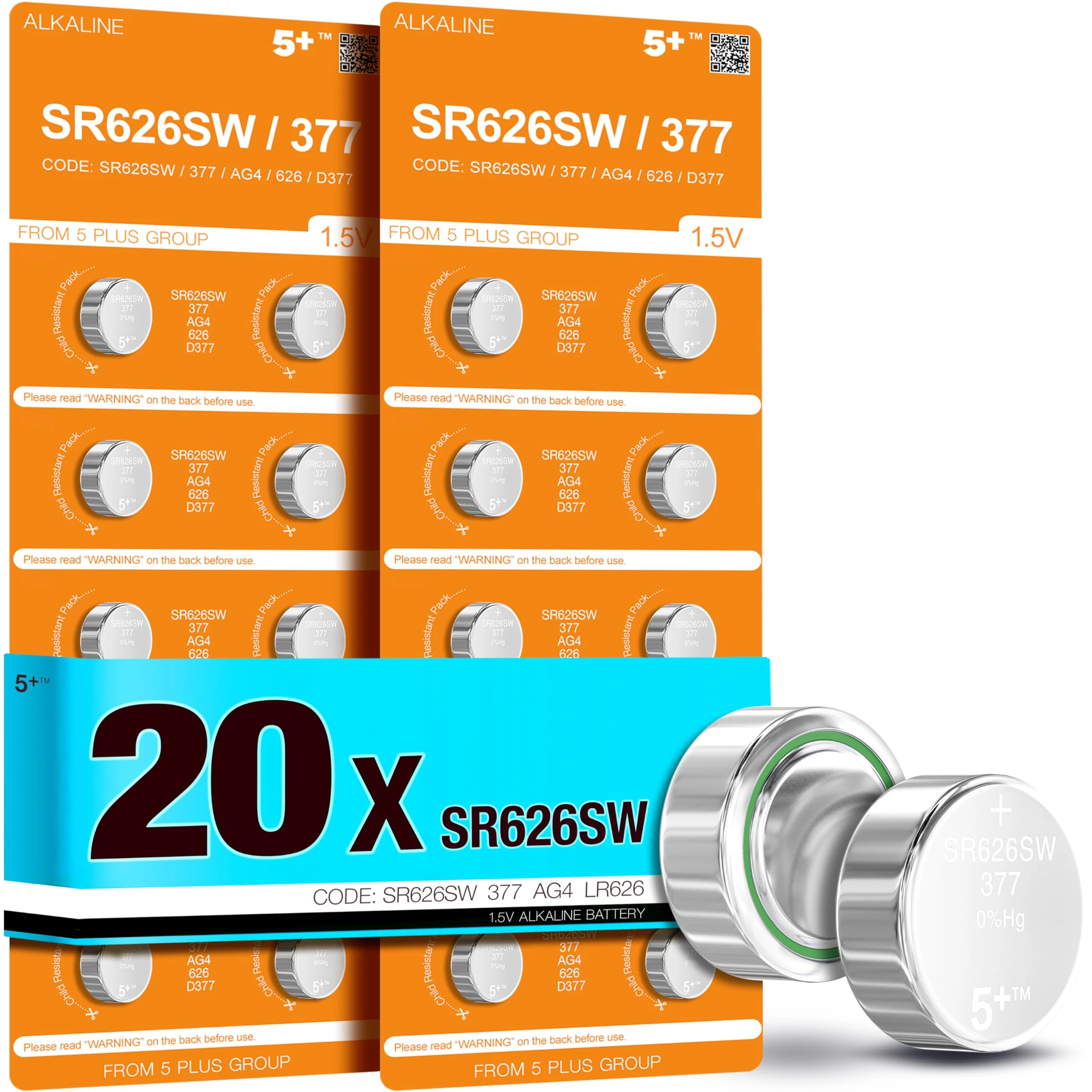 5Plus 20-Pack LR626 377 SR626SW AG4 1.55V Button Cell Batteries – Long-Lasting Coin Batteries for Watches, Key Fobs, Scales, Car Remotes & Wearables