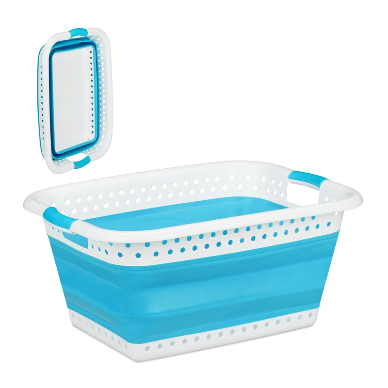 Relaxdays Folding Laundry Hamper with Handles, Plastic & Silicone, Compact Storage Basket, HWD 27x61x45.5 cm, Petrol