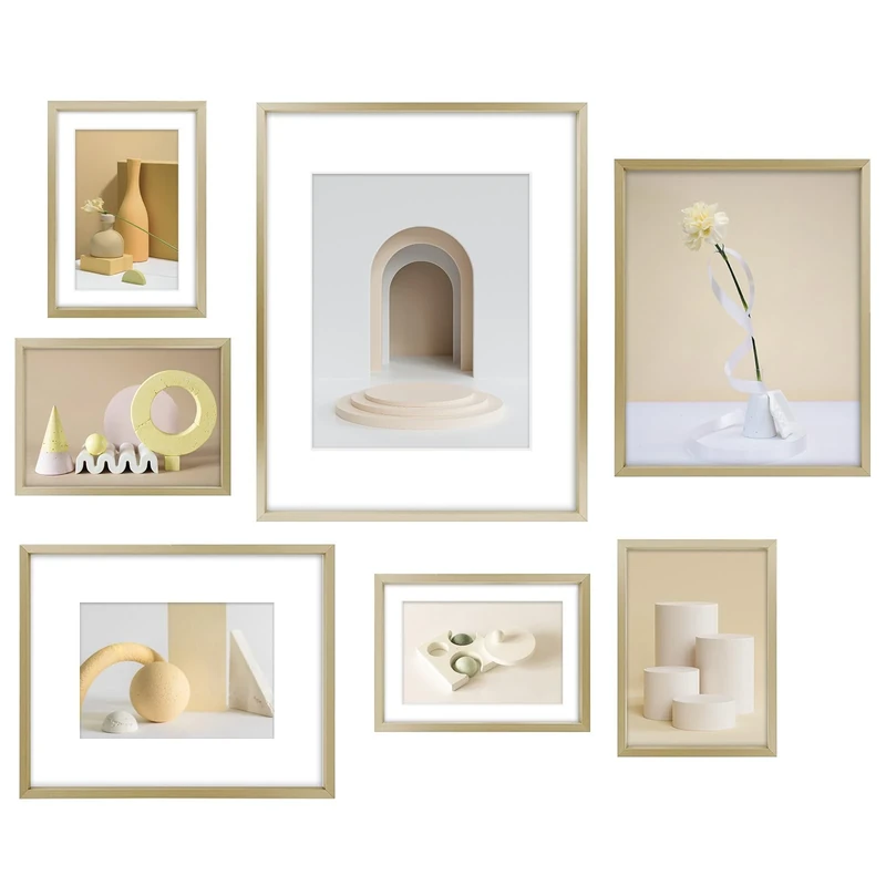 Frametory, Aluminum Picture Frames Set of 7 - Gold Gallery Wall Kit - Displays One 11x14, Two 8x10, and Four 5x7 inch Photos for Home Decoration