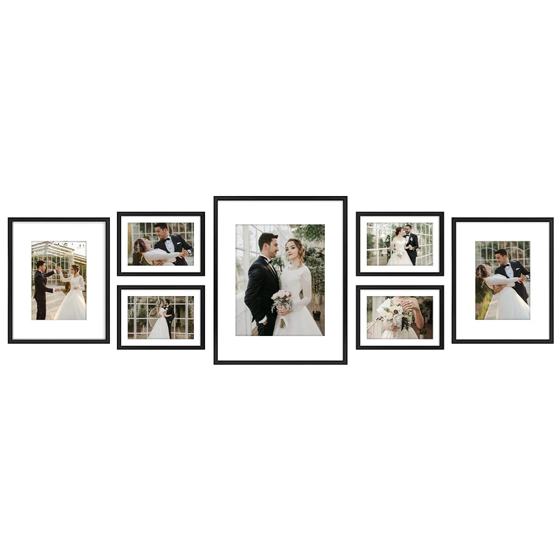 Golden State Art, Picture Frame Set 7 Pack, Gallery Wall Frame with One 11x14, Two 8x10, and Four 5x7. Aluminum Photos Frame for Wall or Tabletop Display (Style 1, Black, 7 Pack)
