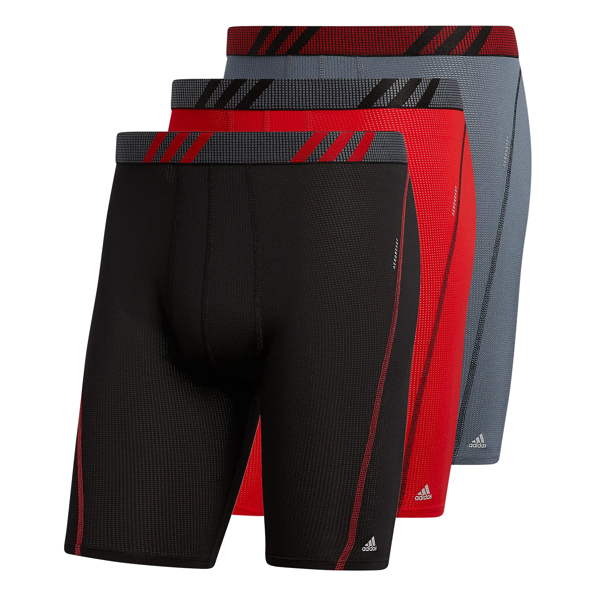 adidas Men's Sport Performance Mesh Long Boxer Brief Underwear (3-Pack), Black/Scarlet Red/Onix Grey, Medium