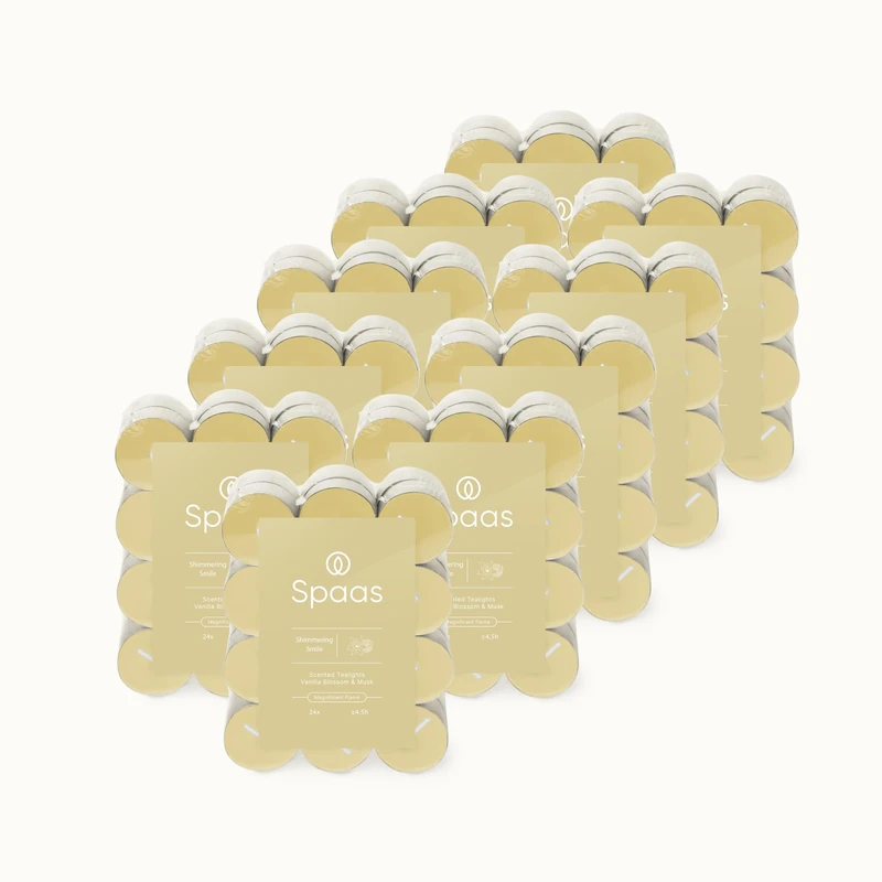 Spaas 10 Flatpacks of 24 Scented Tea Lights, ± 4.5 Hours, Shimmering Smile, Vanilla Blossom and Musk
