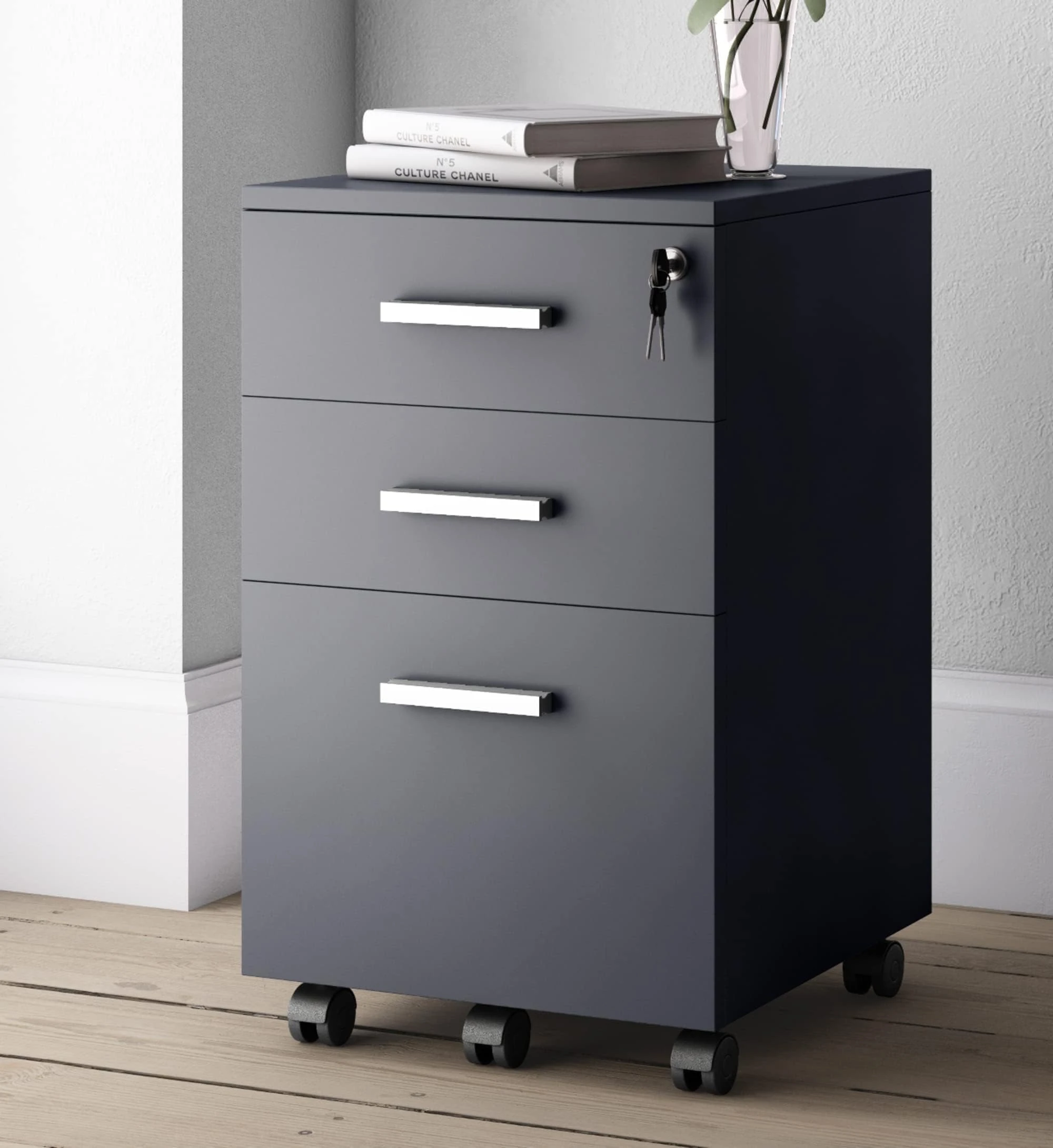 Modern Design By Crafts & Comfort Lazio Black File Cabinet, 3 Drawer Rolling Wood File Cabinet with Lock, 15.7 x 15.7 x 25.7 inches, Home Office