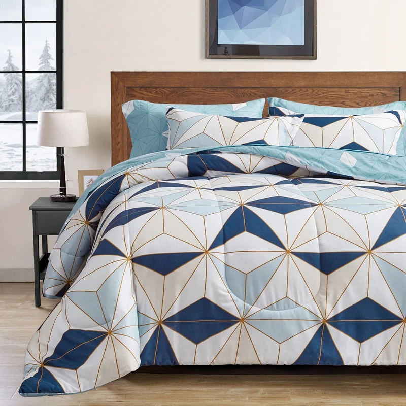 Flysheep Bed in a Bag 7 Pieces Queen Size, Navy Blue Triangles Geometric Pattern Printed Microfiber Comforter Sheet Set (1 Comforter, 1 Flat Sheet, 1 Fitted Sheet, 2 Pillow Shams, 2 Pillowcases)