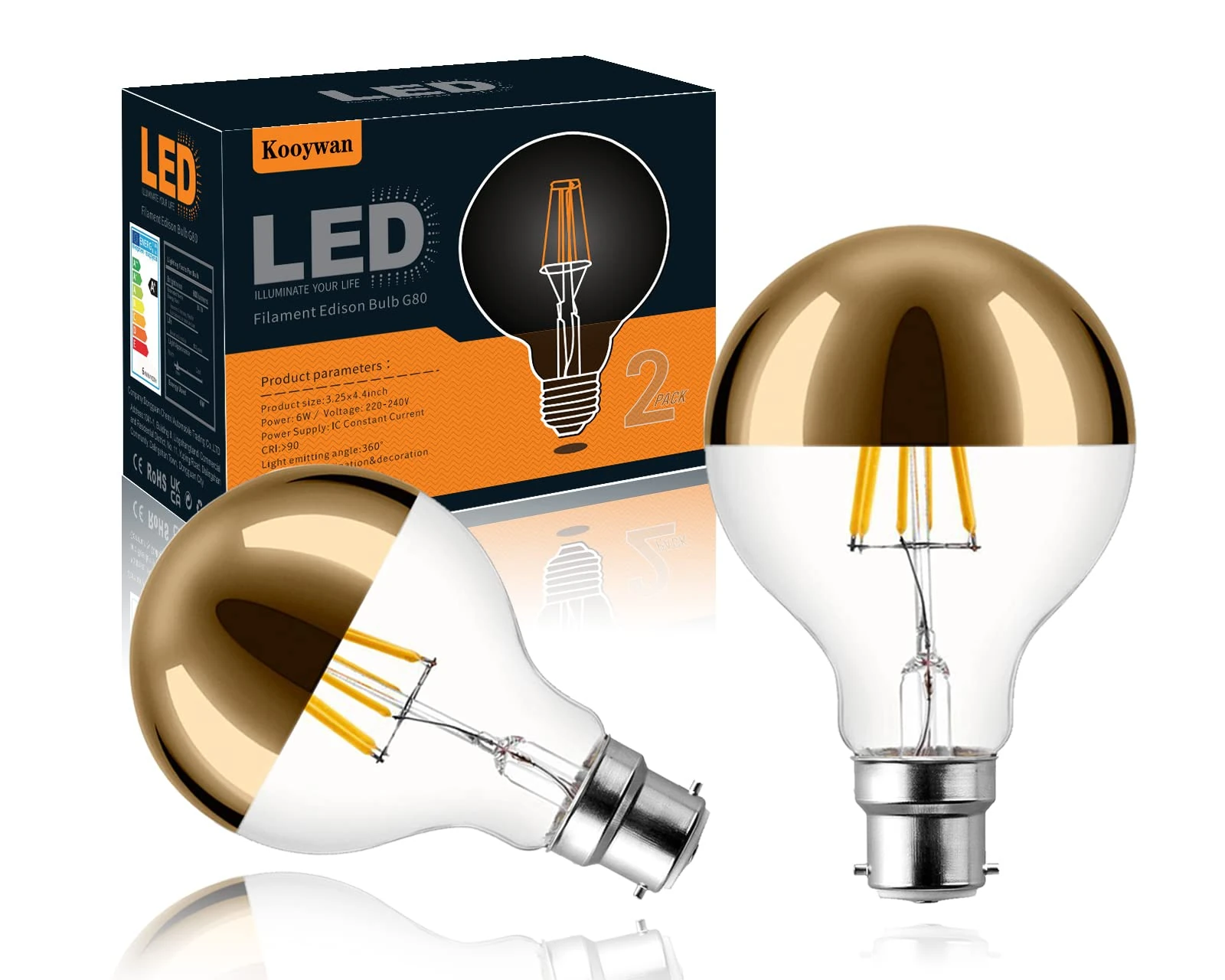 KOOYWAN Gold Crown Mirror LED Lights Bulb 6W(60W Equivalent) Half Chrome Lights Bulb Dimmable B22 LED Edison Bulb G80/G25 Globe Shape Decorative Bulb Half Reflected Light 2700K Soft White Pack of 2