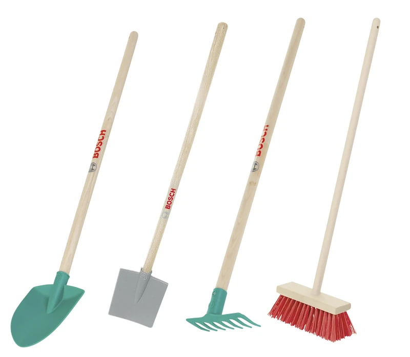 Theo Klein 2794 Bosch Garden Tool Set I Consisting of shovel, leaf rake, rake and broom I Toys for children aged 3 and over