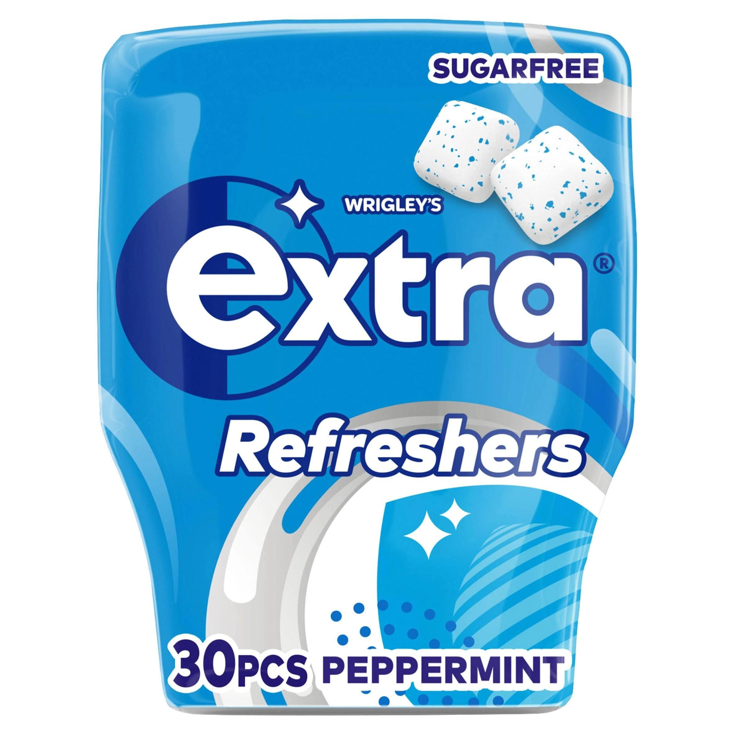 Wrigley's Extra Refreshers Chewing Gum, Peppermint Flavour, 1x Pack of 30 cube pieces, Sugar Free Chewing Gum Bottle with Xylitol