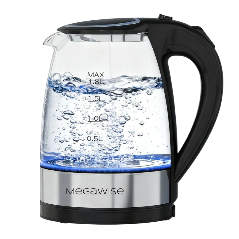 MEGAWISE 1.8L Healthy Electric Kettle, 1000W Borosilicate Glass Tea Kettle with Food Grade Material, Auto Shut-Off and Boil-Dry Protection Cordless Kettle Fast Boiling, BPA Free