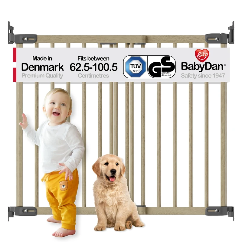 BabyDan Silkeborg Deluxe Baby Gate - Adjustable Wood Safety Stair Gate with One-Hand Operation, 62.5-100.5cm - Wall-Mounted Child Security Gate with Quick-Release & Reversible Opening