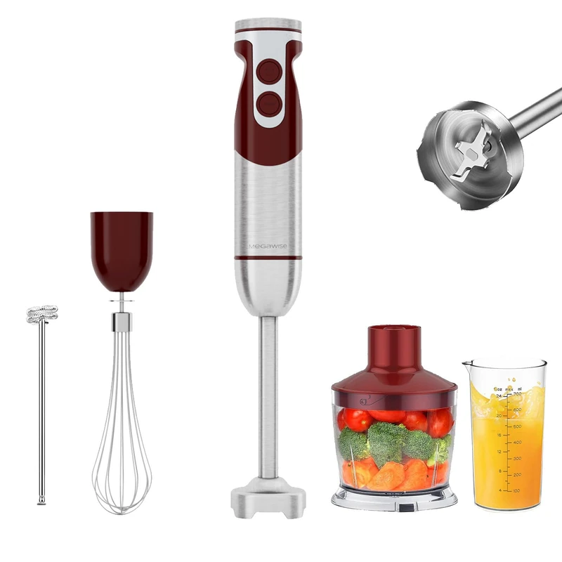 MegaWise 5-in-1 Immersion Hand Blender Set with Variable Speed, 400W, Stainless Steel - Includes Chopper, Whisk, Milk Frother, and Beaker - Ideal for Soups, Smoothies, Baby Food & More (RED)