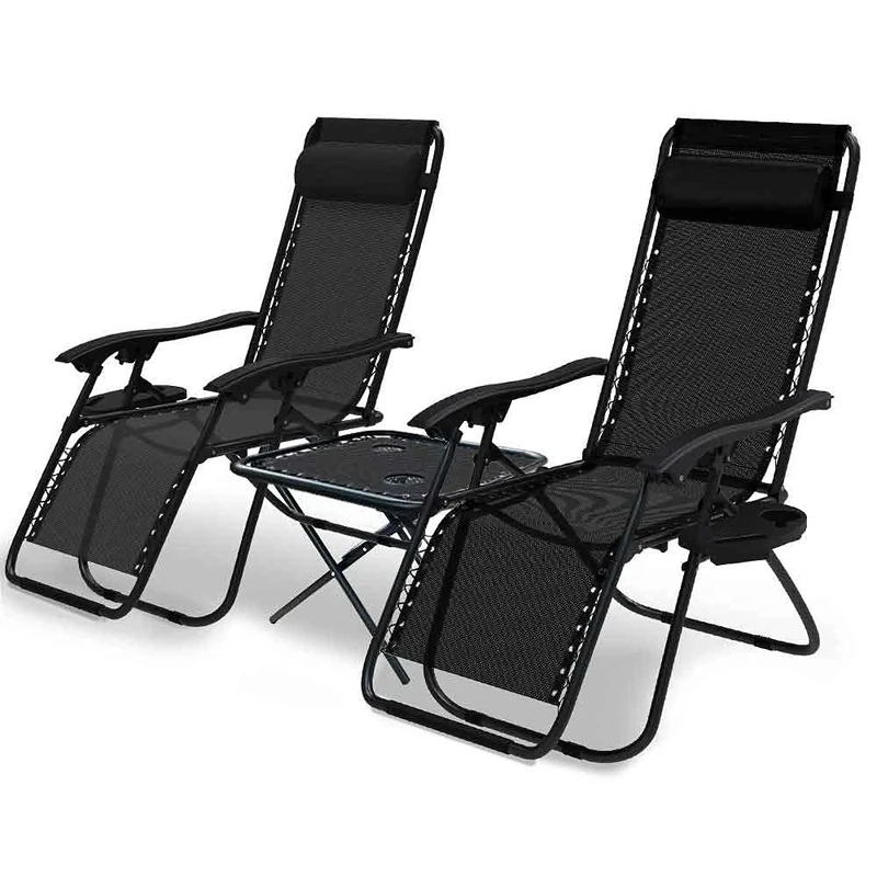 VOUNOT Zero Gravity Chair with Side Table, Set of 2, Folding Sun Loungers, Recliner Garden Chairs, Outdoor Deck Chairs with Cup and Phone Holder, Black