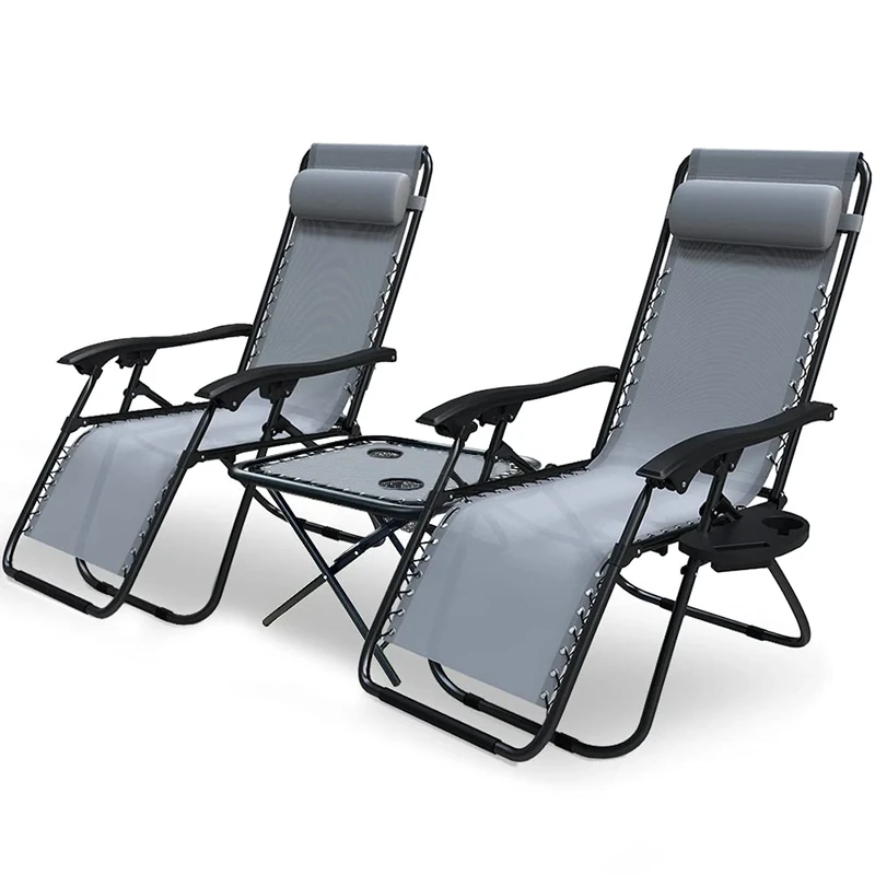 VOUNOT® Zero Gravity Chair with Side Table, Set of 2, Folding Sun Loungers, Recliner Garden Chairs, Outdoor Deck Chairs with Cup and Phone Holder, Grey