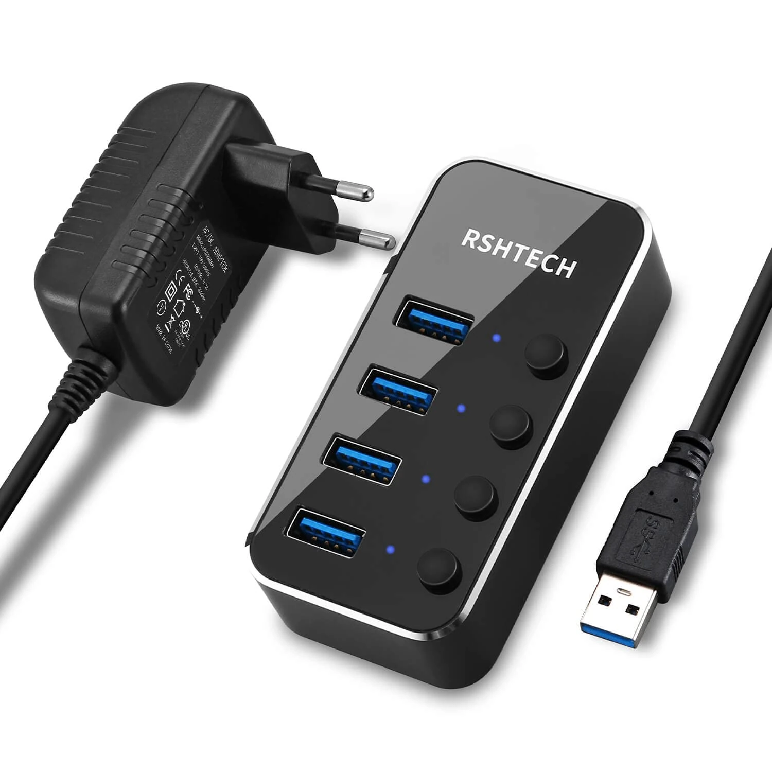 RSHTECH USB Hub Active 3.0 with Power Supply, 4 Ports USB 3.0 Splitter USB 3.0 Hub with 10W (5V/2A) Power Supply, LED and Single On/Off Switch, Lightweight and Portable