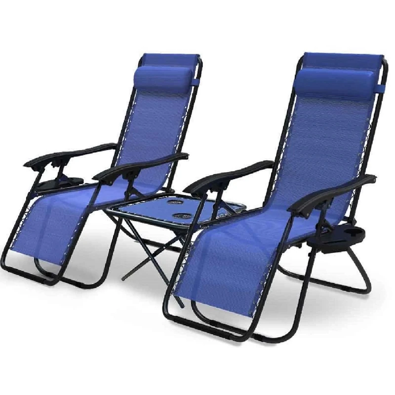 VOUNOT Zero Gravity Chair with Side Table, Set of 2, Folding Sun Loungers, Recliner Garden Chairs, Outdoor Deck Chairs with Cup and Phone Holder, Blue