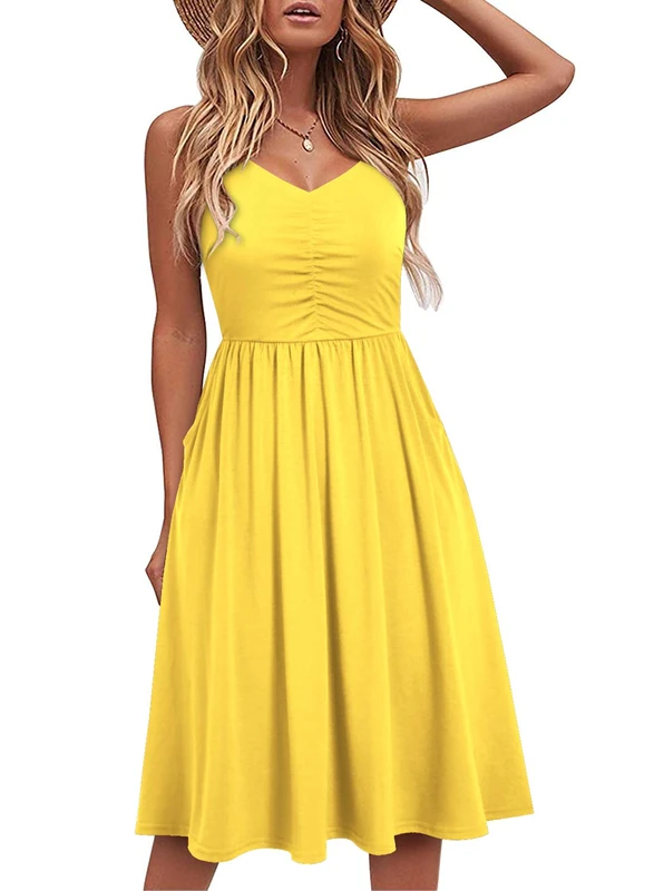 YATHON Casual Dresses for Women Sleeveless Cotton Summer Beach Dress A Line Spaghetti Strap Sundresses with Pockets, Yt090-yellow, XL - Image 1
