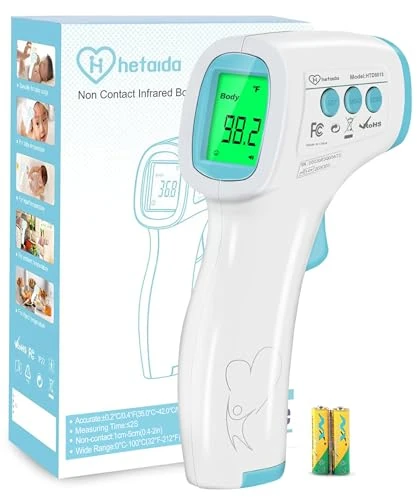 No Contact Forehead Thermometer for Adult, Infrared Forehead Thermometer,Touchless Digital Kids Thermometer, Temperature Gun for Home, Hetaida Thermometer,50 Memories, Medical Grade (Light Blue)
