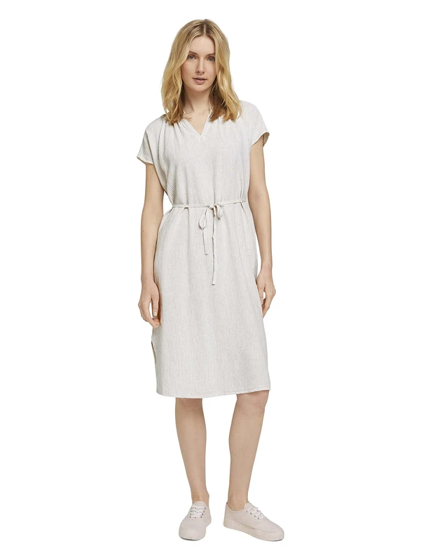 TOM TAILOR Ladie's 1025884 Linen Ruched Midi Dress, 27037-Offwhite Thin Stripe Woven, 40