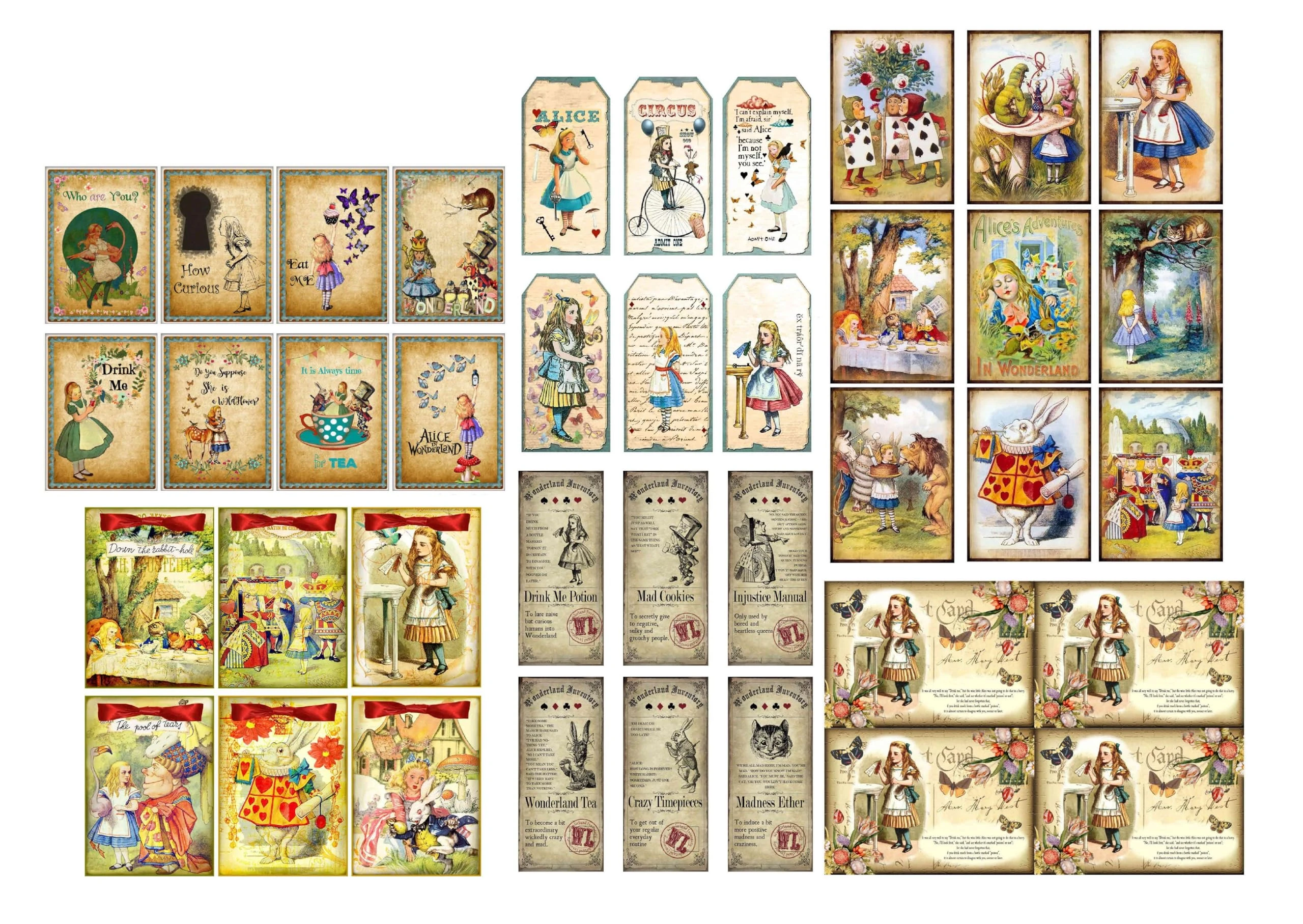 Alice in Wonderland Card Making Toppers/Tags/Craft Set - 39 Pieces Selection - DIY to Cut Out Yourself! - Craft Embellishment