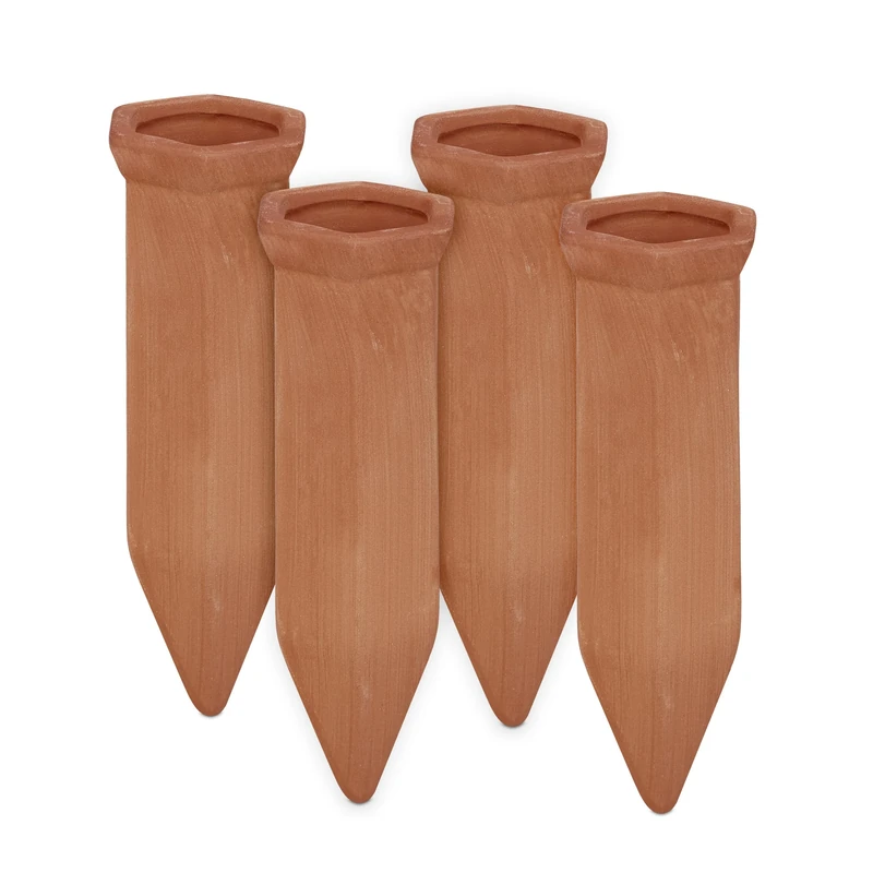 Relaxdays watering spikes, set of 4 clay plant waterers, self-watering system, use with 1.5 l bottles, terracotta