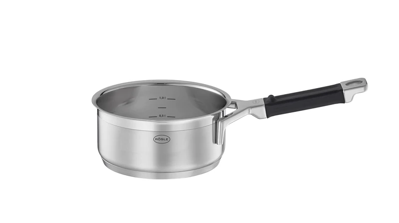 RÖSLE SILENCE PRO Saucepan, Universal Pot Made of 18/10 Stainless Steel, 16 cm, Silicone Handle, Scale on the Inside, Suitable for Induction Cookers, Dishwasher Safe