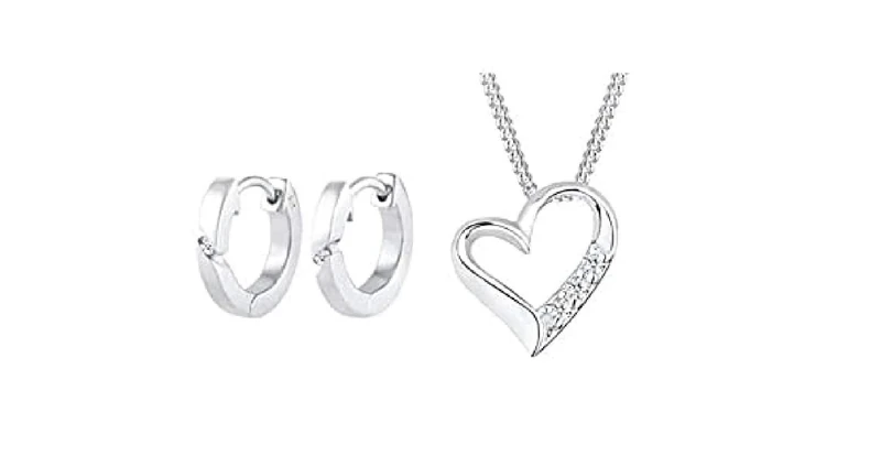 Elli Earrings Women Classic Hoops Diamond (Each 0.02 ct.) 925 Sterling Silver+Elli Women's 925 Sterling Silver Xilion Cut Diamond Heart Pendant With Necklace of Length 45 cm