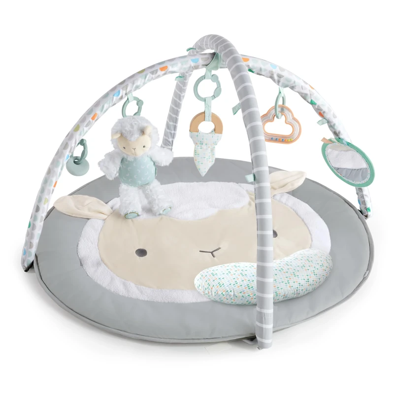 Ingenuity, Sheppy’s Spot Plush Activity Gym, Corrie, Baby Play mat Gym with Play Arch, Prop Pillow, 5 Detachable Activity Toys, Easy to Store, Machine Washable, Neutral and Unisex Design, Grey