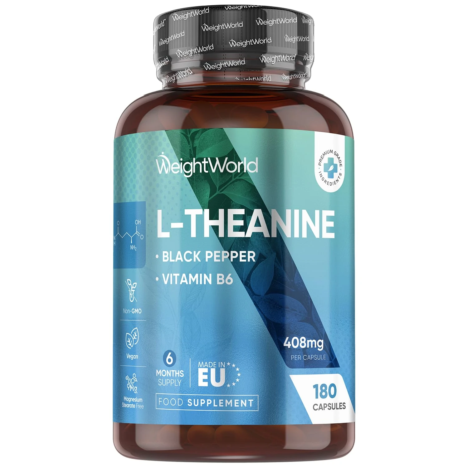 WeightWorld L-Theanine Supplement | 408mg Vegan Capsules | 6 Months Supply | with Added Vitamin B6 (0.5mg) & Black Pepper Extract (8mg) | 1 Capsule a Day | Non-GMO & Gluten-Free
