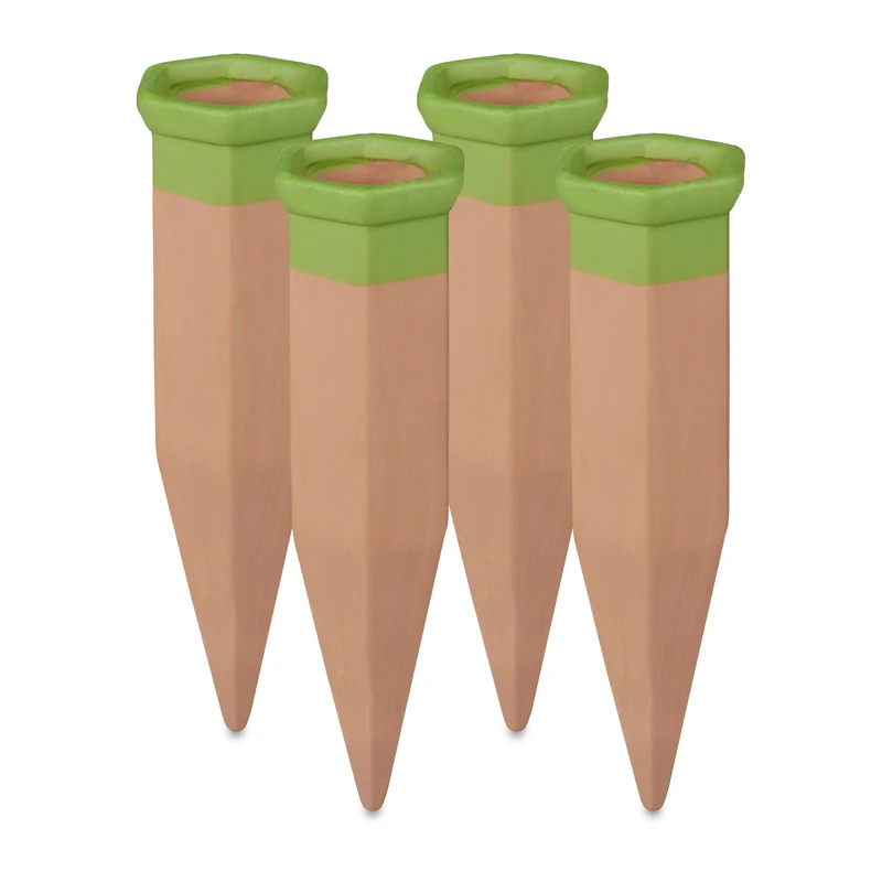 Relaxdays watering spikes, set of 4, clay plant waterer, self-watering system, use with 1.5l plastic bottles, terracotta
