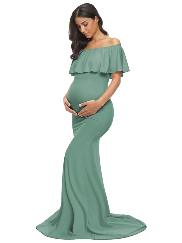 Glampunch Womens Off Shoulder Maternity Dress Ruffles Elegant Slim Gowns Fit Maxi Photography Dress, Sage, M