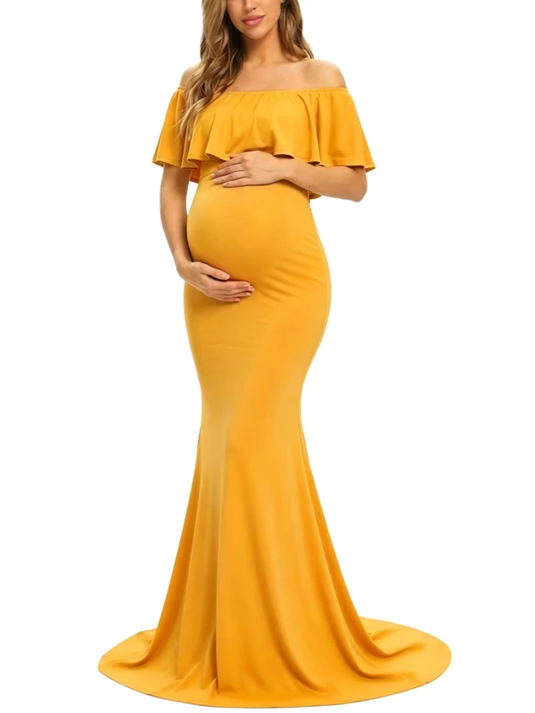 Glampunch Womens Off Shoulder Maternity Dress Ruffles Elegant Slim Gowns Fit Maxi Photography Dress - Yellow - Small