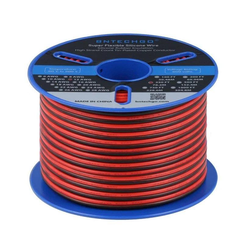 BNTECHGO 12 Gauge 2 Conductor Parallel Silicone Wire Red Black 250ft Cable