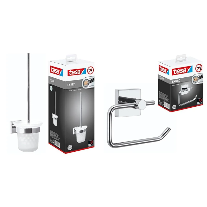 tesa EKKRO toilet set, frosted glass and chrome-plated stainless steel - toilet brush set for wall mounting without drilling + tesa EKKRO toilet roll holder - toilet roll holder