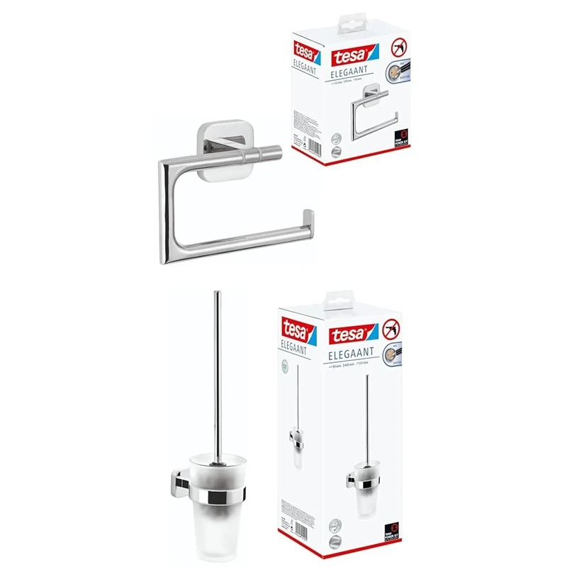 tesa ELEGAANT toilet roll holder without lid + tesa ELEGAANT toilet brush set, chrome-plated, with satin-finished glass - for wall mounting without drilling, incl. powerful adhesive solution