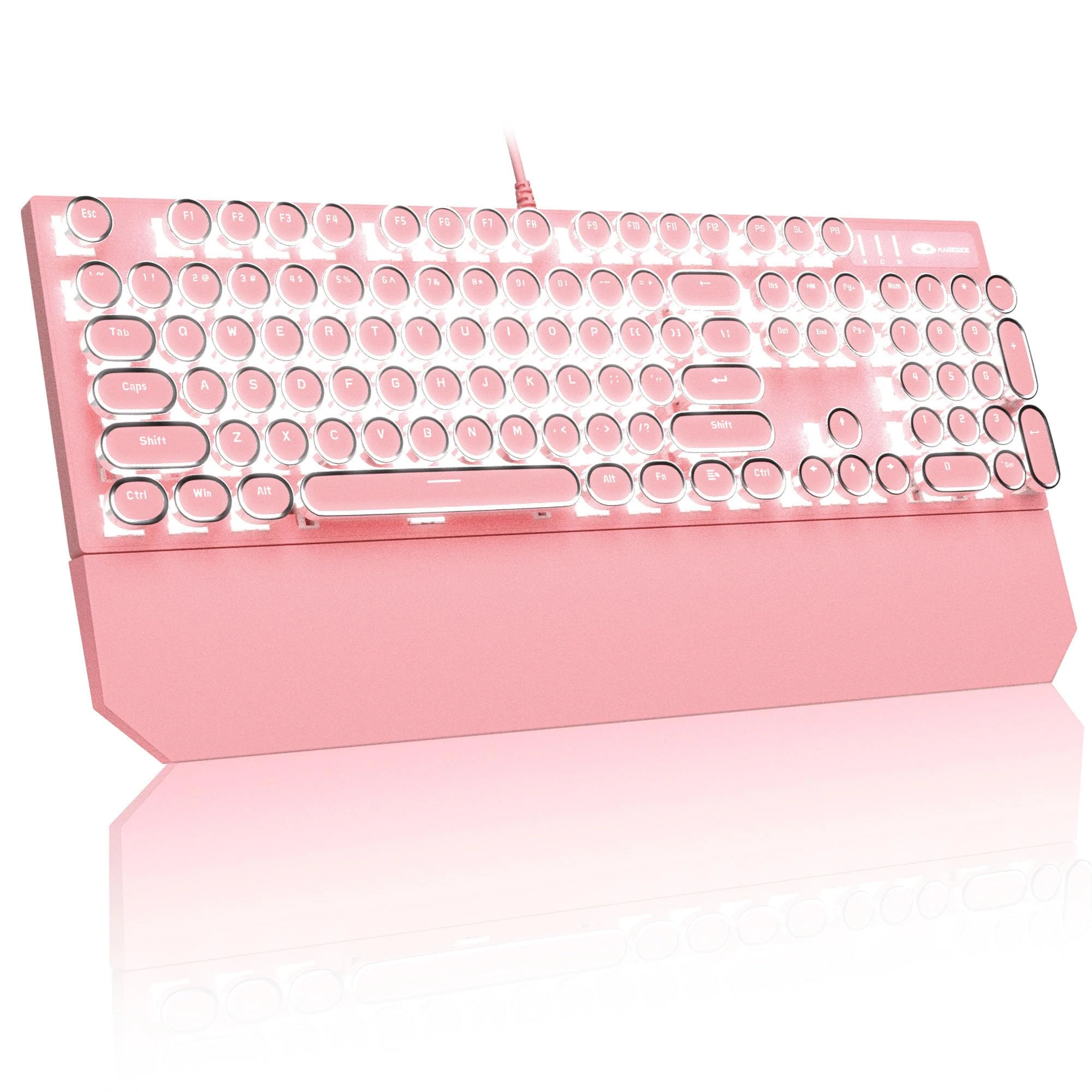 MageGee Typewriter Mechanical Gaming Keyboard, Retro Punk Round Keycap LED White Backlit USB Wired Keyboards for Game and Office, for Windows Laptop PC Mac (Blue Switches/Pink)