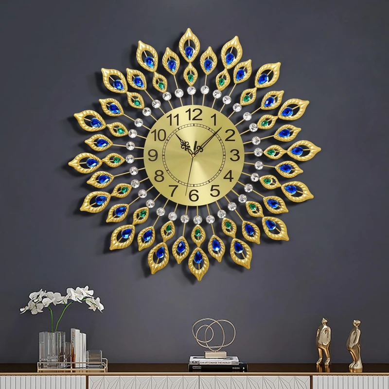 JUGV 24.0 Inch Gold Large Wall Clocks for Living Room Decor,Elegant 3D Modern Wall Clock with Dial Arabic Numberals Non-Ticking Silent Big Wall Clocks,Diamond Round Home Decoration Kitchen Clocks