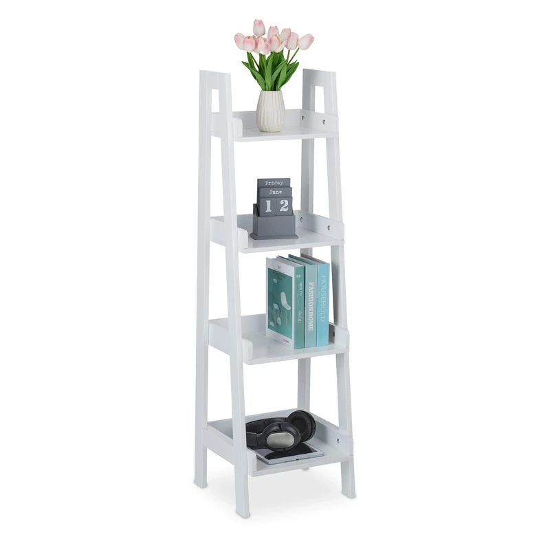 Relaxdays Freestanding Shelf with 4 Levels, Ladder Rack for Decotations, Plants & Books, HxWxD: 112 x 33 x 30 cm, White