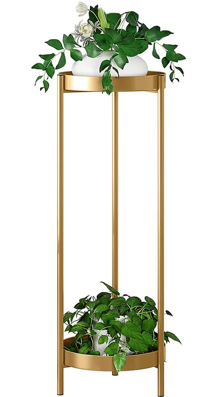 Fashionoda 2 Tier Metal Plant Stand End Table Foldable Sturdy Flower Pot Base Holder Display Shelf for Indoor Outdoor Home Decor(30 X 10in, Gold)