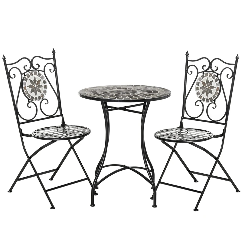 Outsunny 3 Pcs Mosaic Tile Garden Bistro Set Outdoor Seating w/Table 2 Folding Chairs Set Metal Frame Elegant Scrolling Indoor Patio Balcony